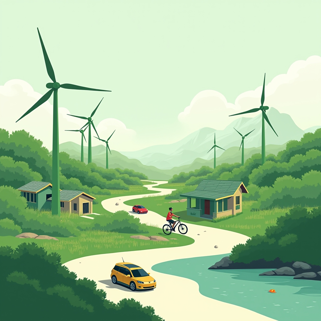 green energy sources such as wind turbines and solar panels, sustainable transportation options like electric cars and bicycl