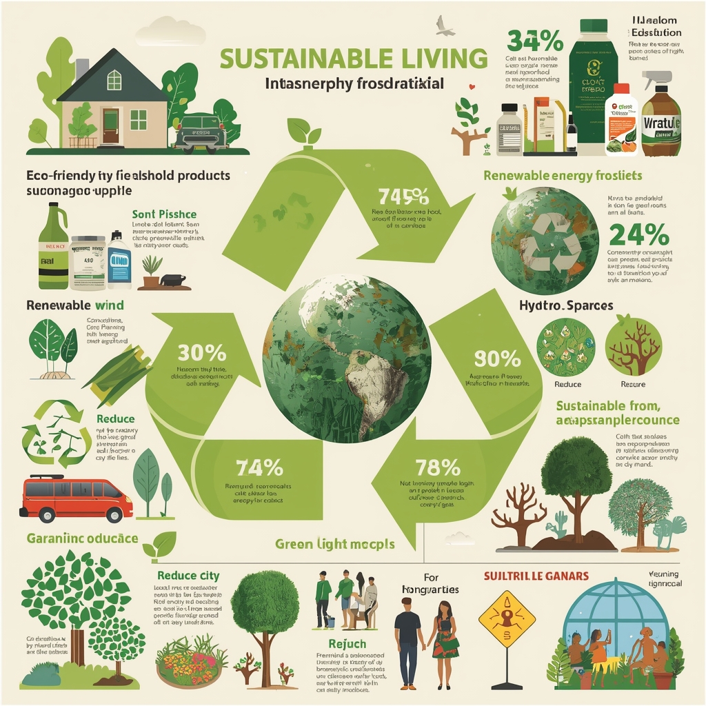sustainable living infographic with tips and statistics, eco-friendly household products and cleaning supplies, renewable ene