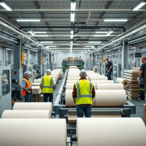 A modern, clean corrugated box factory interior with advanced machinery, showing rolls of paper being fed into a production line. Workers in safety vests are observing the process. The atmosphere is efficient and well-lit, with a focus on precision manufacturing. High-angle shot, industrial photography, sharp focus, 8k quality.