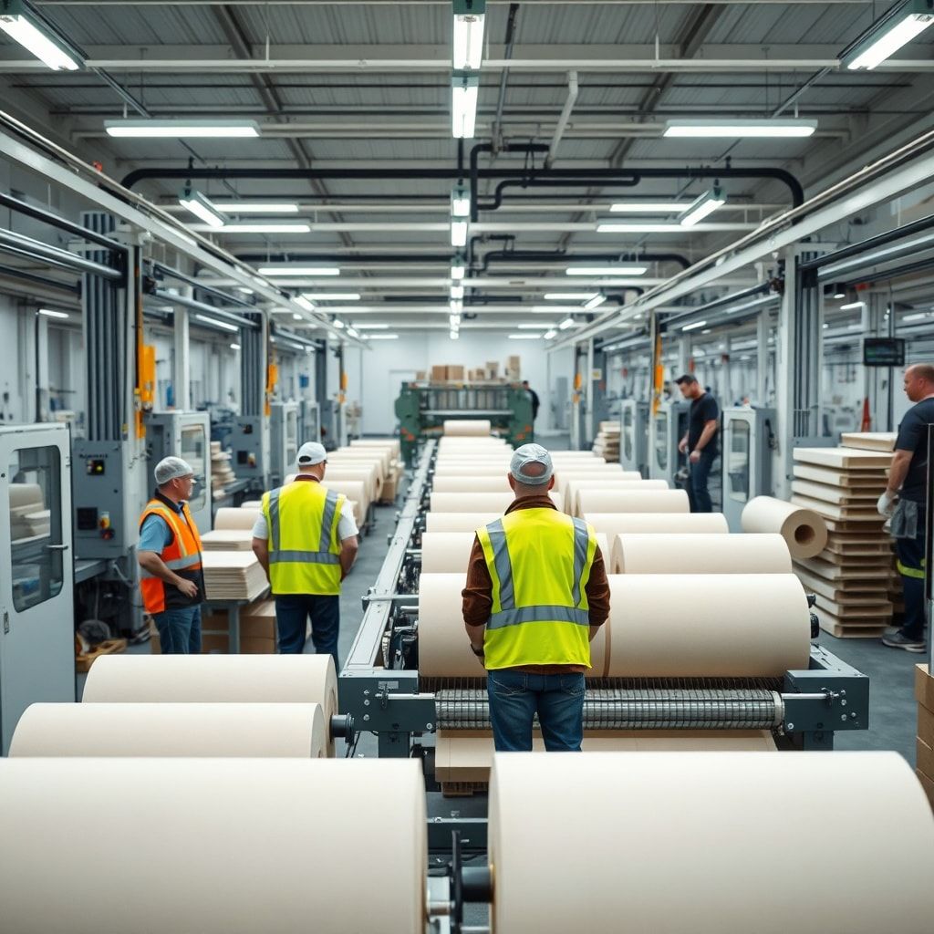 A modern, clean corrugated box factory interior with advanced machinery, showing rolls of paper being fed into a production line. Workers in safety vests are observing the process. The atmosphere is efficient and well-lit, with a focus on precision manufacturing. High-angle shot, industrial photography, sharp focus, 8k quality.