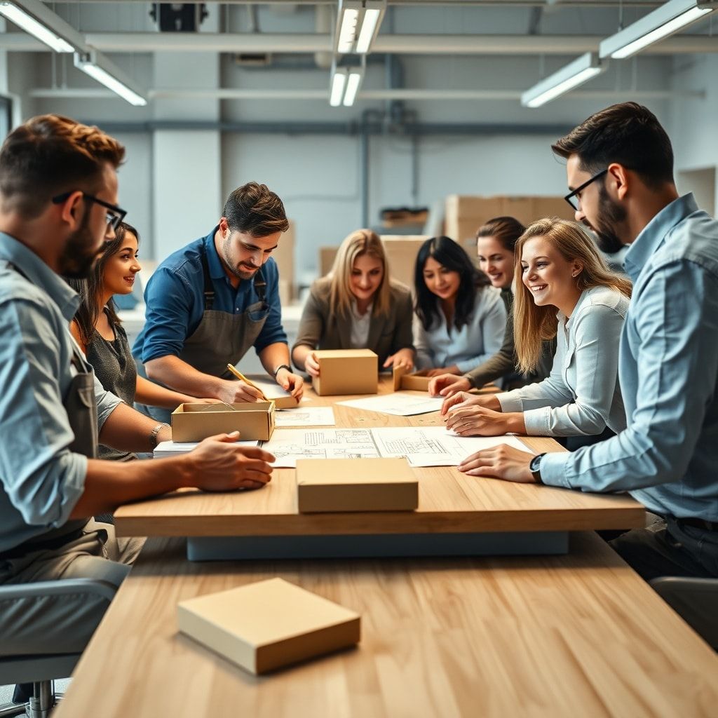 A diverse team of factory workers and client representatives discussing custom corrugated box designs on a table, with design
