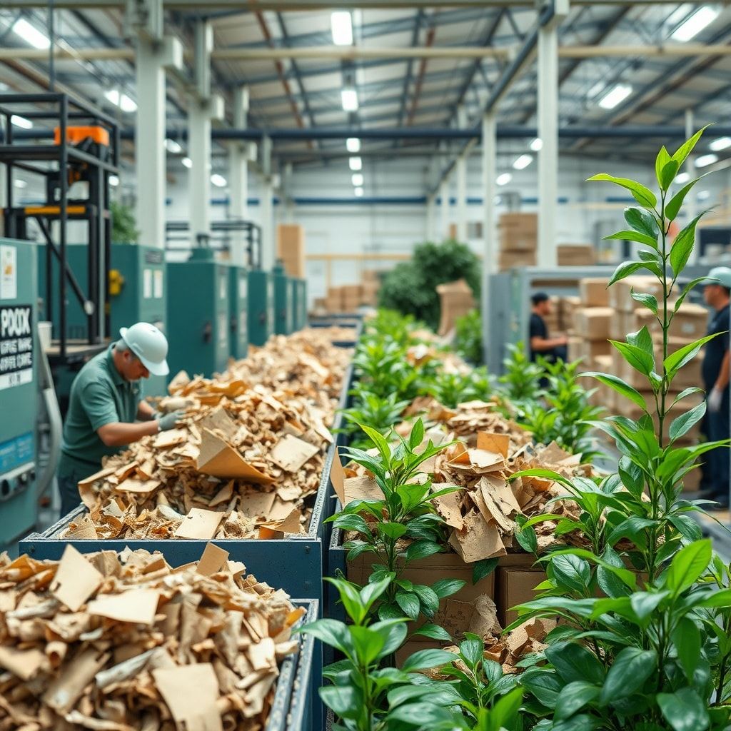 A vibrant, eco-friendly factory setting with green initiatives. Workers are sorting recyclable corrugated waste, alongside mo