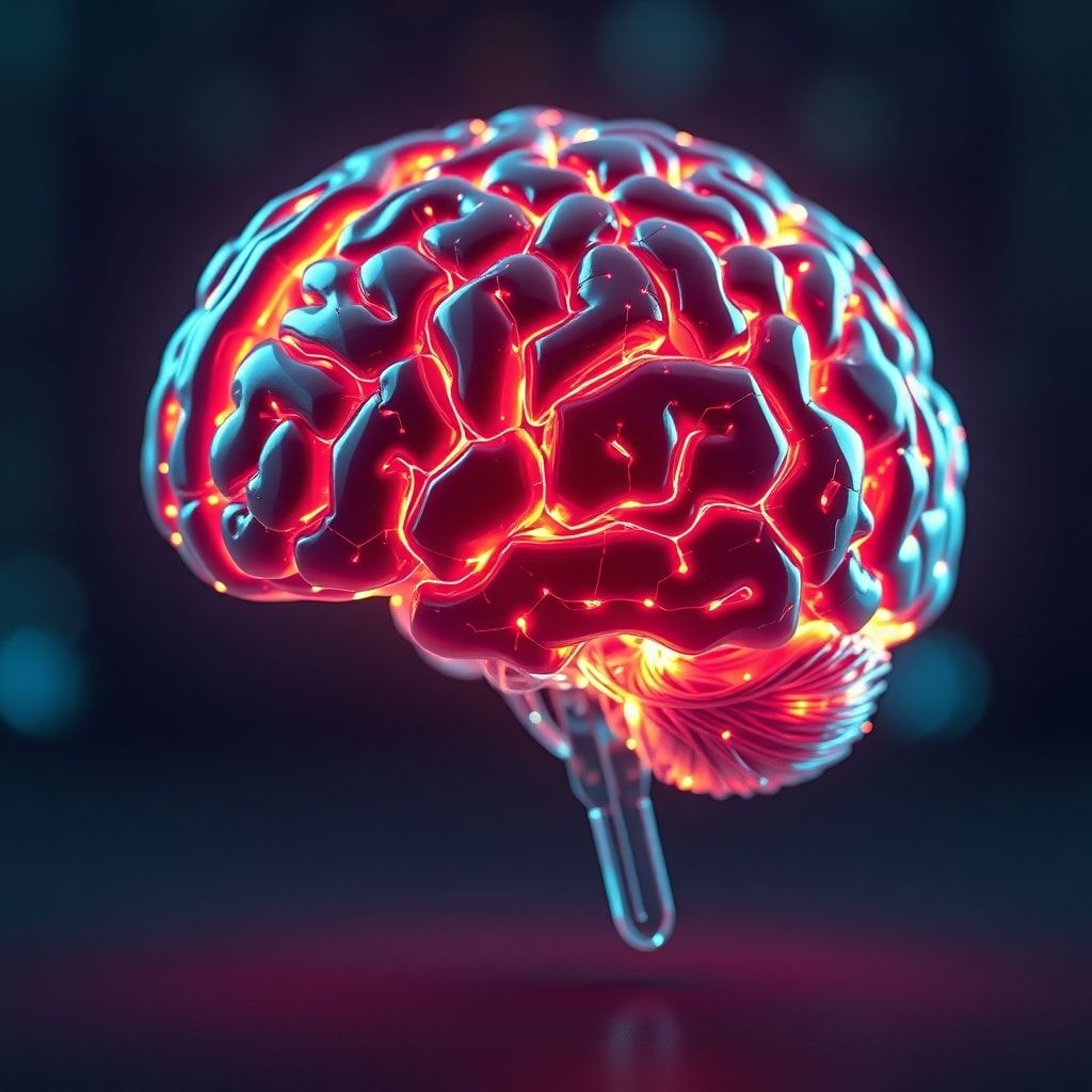 A futuristic AI holographic brain with neon lights, ultra realistic, highly detailed, 8k quality, photorealistic