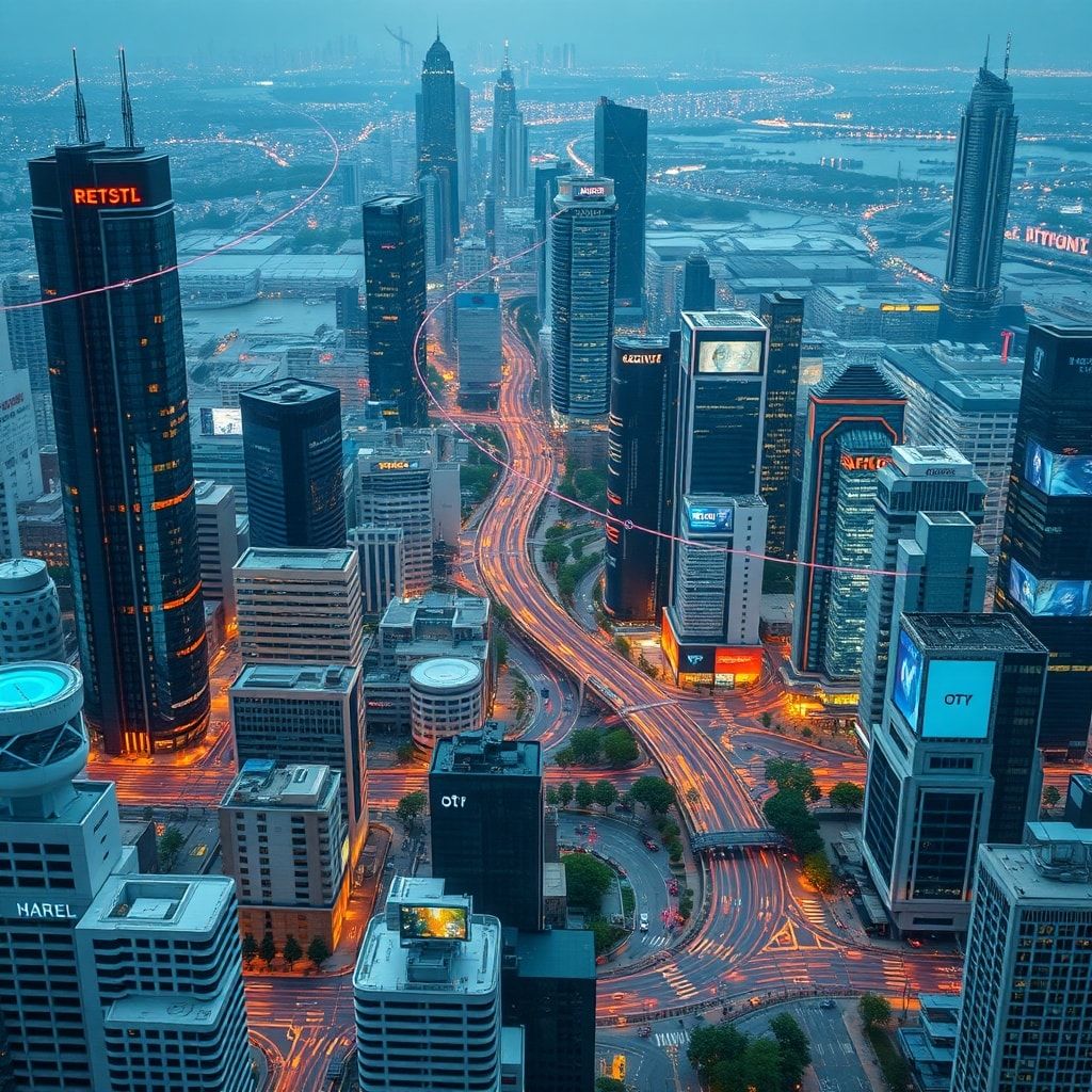 latest - Smart city with interconnected IoT devices, urban landscape with sensors and data exchange, futuristic technology in