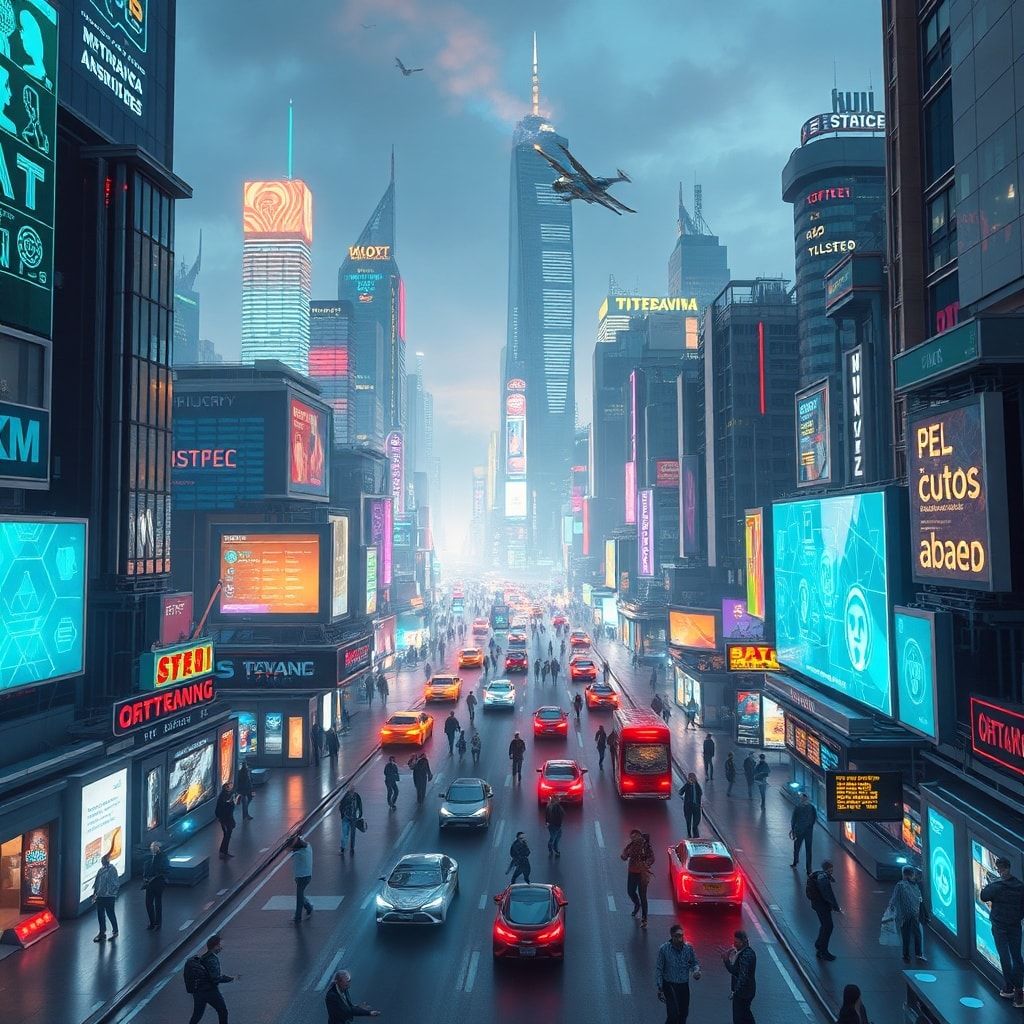 a futuristic cityscape with holographic displays and flying cars, showcasing a world powered by advanced technology and innovation, vibrant neon lights and sleek architecture, bustling streets filled with people using high-tech gadgets and devices, a world that feels both familiar and fantastical