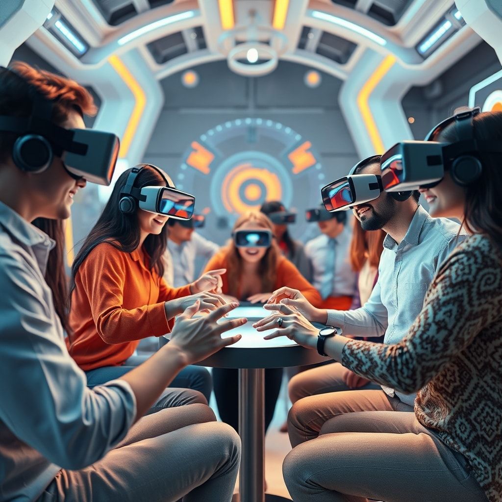 evolution - a diverse group of people collaborating on a virtual reality project, wearing VR headsets and interacting with di