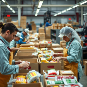 workers packaging goods in a busy factory setting, with boxes and machinery in the background, vibrant colors and high energy atmosphere, focused and efficient workers