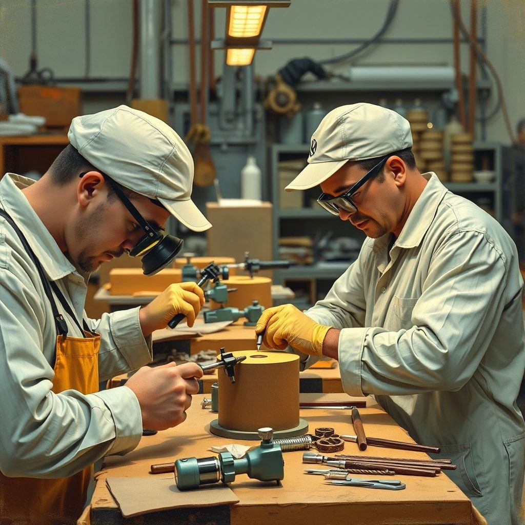 unveiling - workers inspecting finished products for quality control, with magnifying glasses and precision tools, meticulous