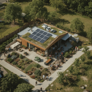 sustainable living in a modern eco-friendly house with solar panels and green roof, happy family recycling and composting in a backyard garden, diverse group of people using bicycles and public transportation, sustainable agriculture farm with organic fruits and vegetables, zero waste lifestyle with reusable water bottles and bags, eco-conscious shopping at farmers' market, Earth Day celebration with people planting trees and cleaning up a park