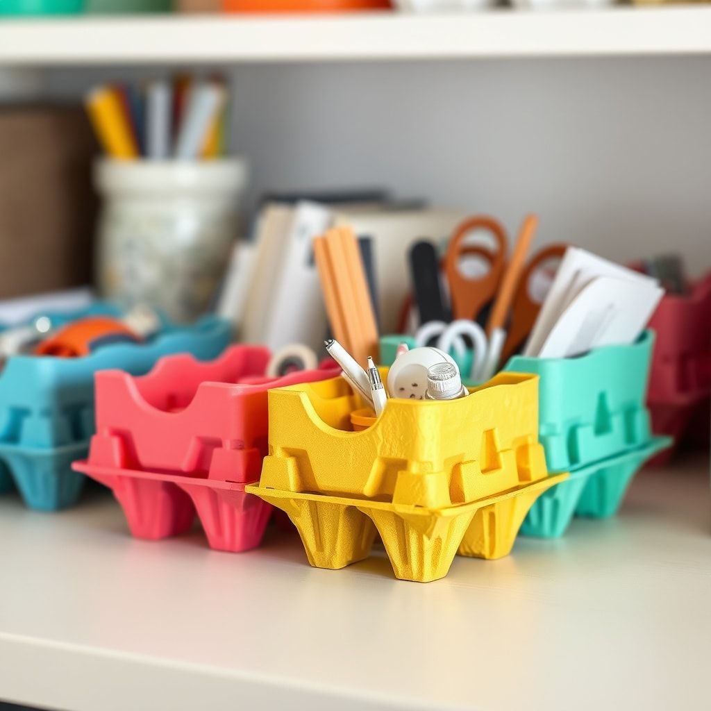 Colorful storage containers made from upcycled egg cartons, neatly organized with various items inside, adding a pop of color to a desk or shelf, creative and eco-friendly storage solution