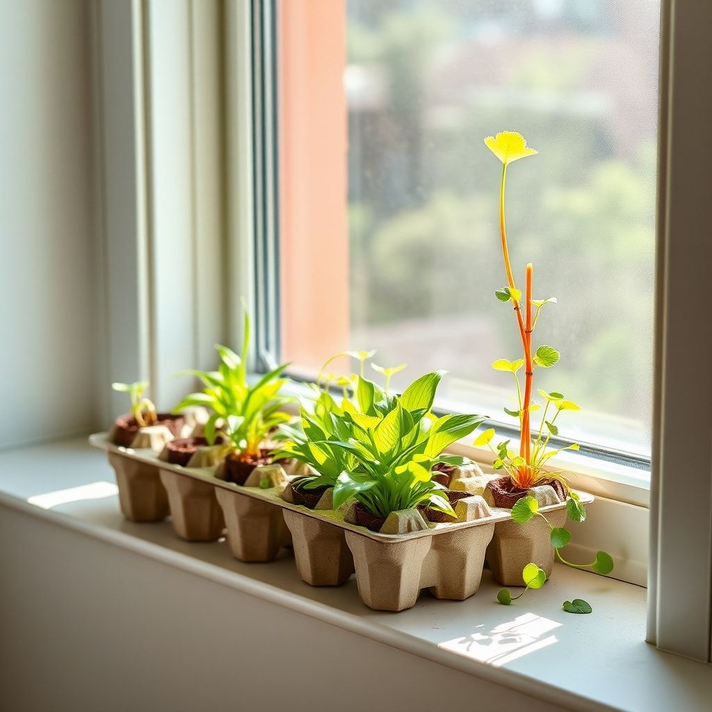 unlock - DIY planters made from upcycled egg cartons, filled with vibrant green plants, placed on a sunny windowsill, adding