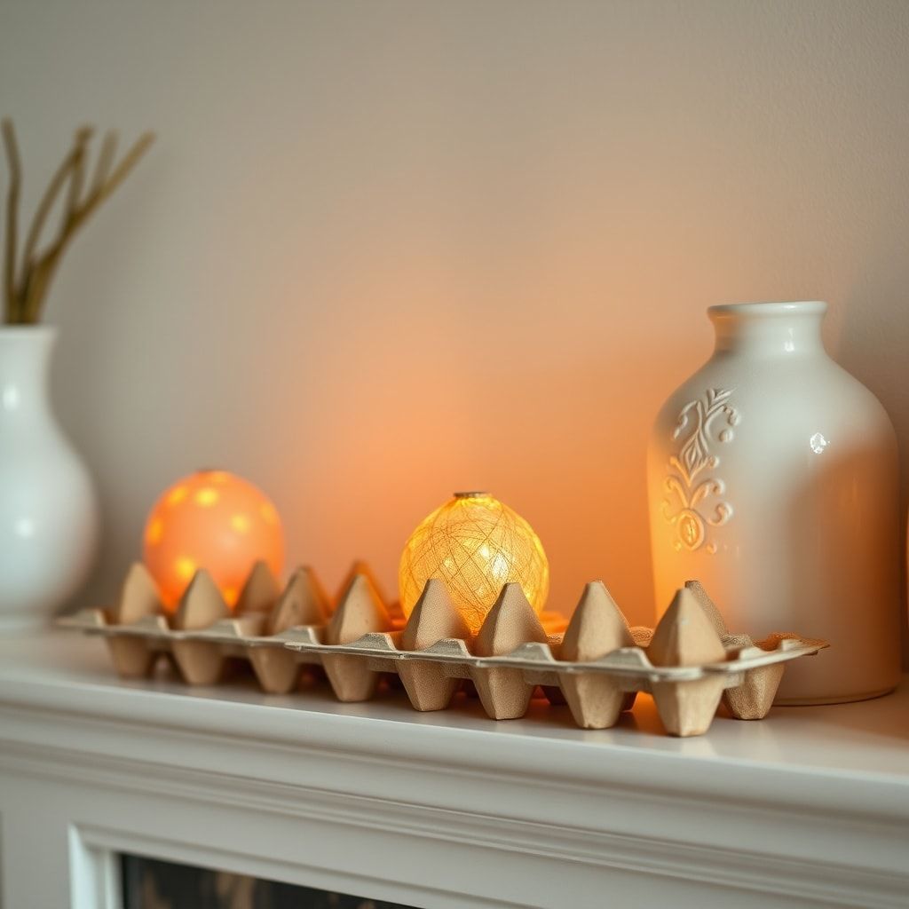 unlock - DIY home decor accents crafted from upcycled egg cartons, displayed on a mantel or shelf, adding a touch of handmade