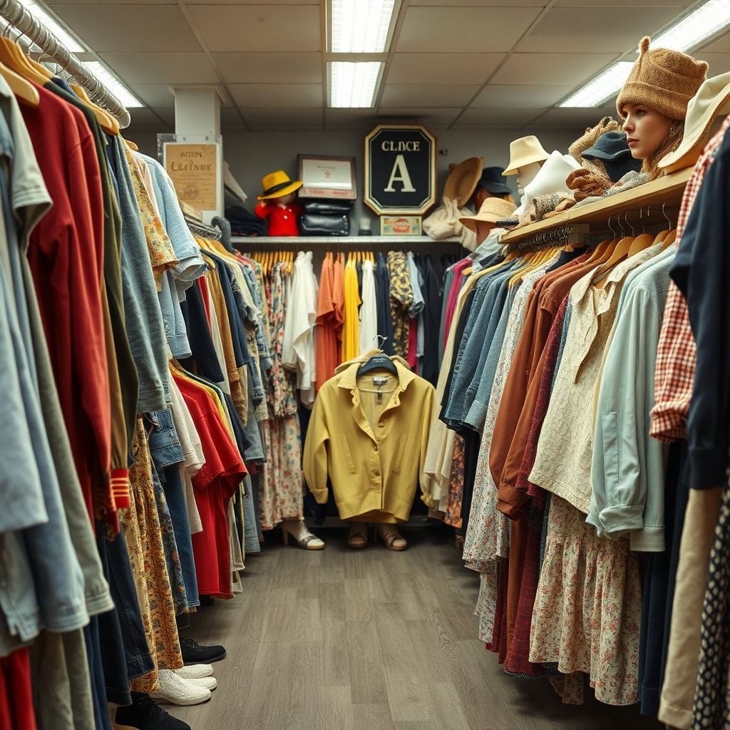 environmental - collection of second-hand and vintage clothing items in a thrift store setting