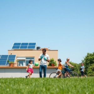 family recycling together in the kitchen, solar panels on a rooftop with blue sky, diverse group of people biking in a green park