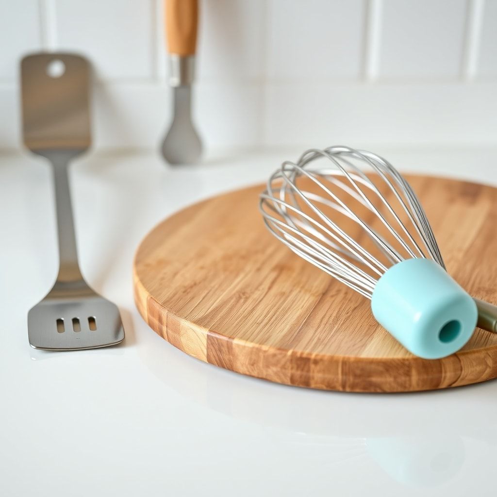 A close-up shot of various food-grade kitchen utensils, including a stainless steel spatula, a silicone whisk, and a wooden cutting board, all neatly arranged on a clean white countertop, with soft, natural lighting, a minimalist and clean aesthetic, high detail, photorealistic.
