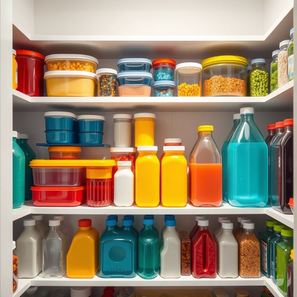 An array of colorful food-grade plastic containers and bottles, neatly stacked on shelves in a modern pantry, bathed in soft,