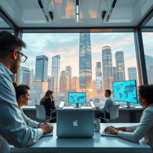 innovative technology in a modern office setting, creative brainstorming session with diverse team members, futuristic city skyline with digital screens and smart buildings