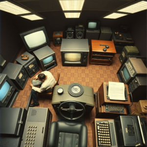 early computer room with vacuum tubes and engineers working, vintage transistor radio with dials and buttons, retro TV set with antennas and knobs, classic car dashboard with analog gauges and steering wheel, nostalgic record player with vinyl records and needle, antique telephone with rotary dial and receiver, historic typewriter with paper and ink ribbon