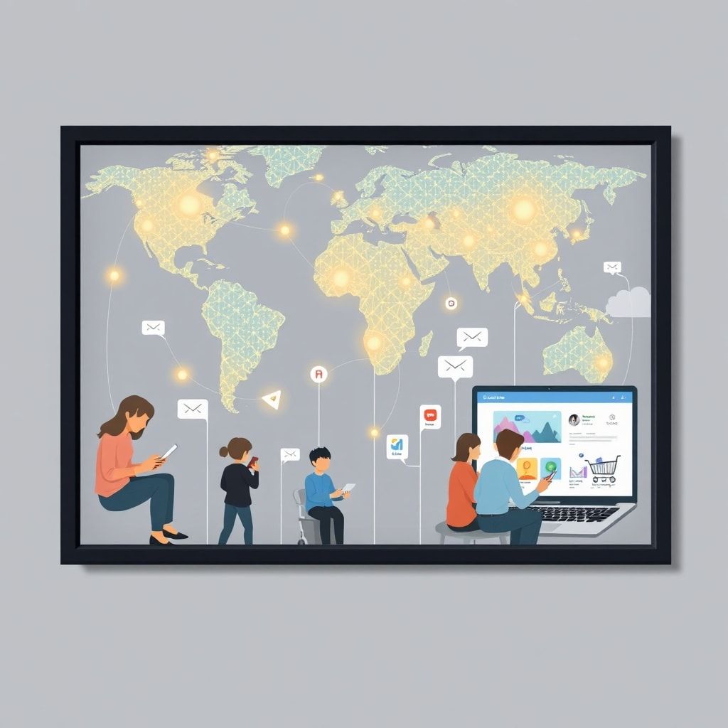 evolution - global network connections with digital world map and glowing dots, diverse people using smartphones and laptops,