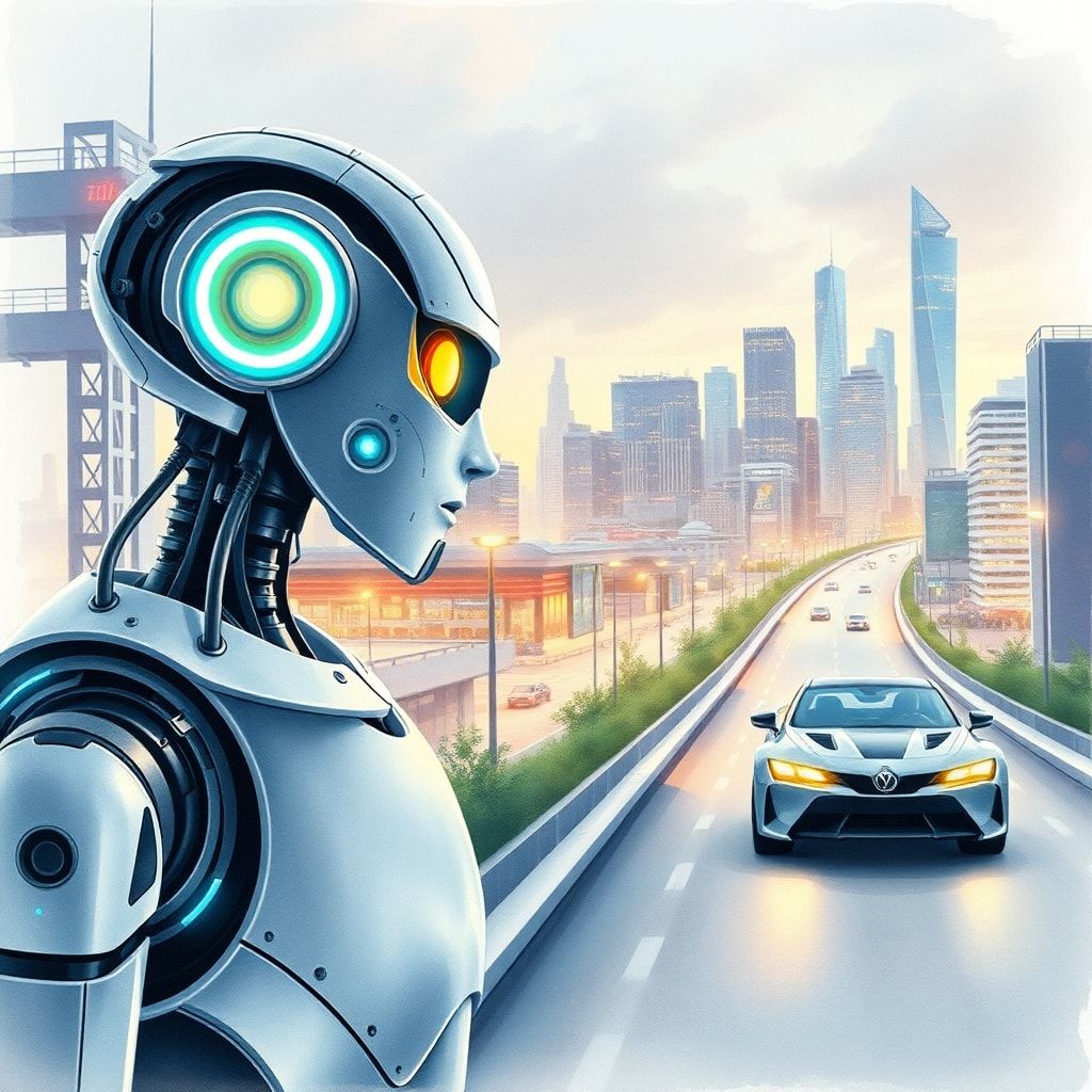 evolution - futuristic AI robot with glowing eyes and metallic body, virtual assistant interacting with user on digital scree