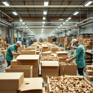 modern eco-friendly corrugated box manufacturing facility, workers sorting recycled materials and assembling boxes, sustainable packaging design process, eco-friendly packaging materials
