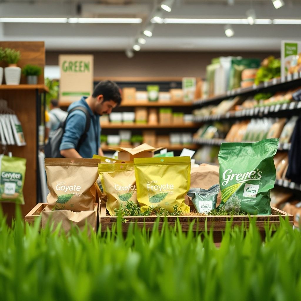 eco-friendly packaging solutions in a retail setting, sustainable lifestyle choices, green packaging materials, environmental