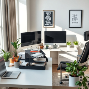 organized desk with 3-tiered paper tray, pens, notebooks, and laptop, minimalist home office with natural light and green plants, cozy workspace with motivational quotes and desk organizer, modern desk setup with ergonomic chair and dual monitors, stylish office with Scandinavian decor and neutral color palette