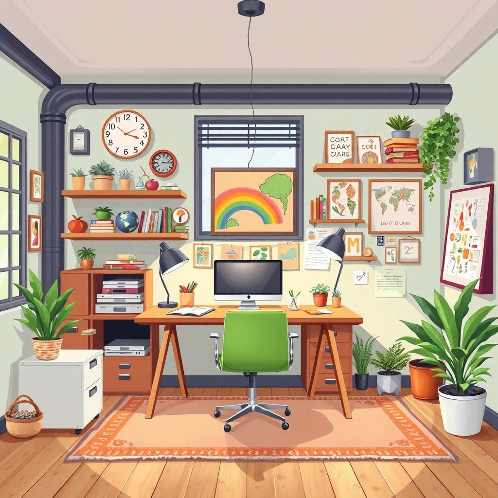 organizing - stylish home office with industrial accents and vintage decor, bright and colorful workspace with rainbow access