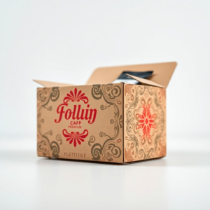 Close-up view of a beautifully designed custom corrugated box with a brand logo, vibrant colors, and intricate patterns, sitting on a clean white surface. The box looks sturdy and premium, with a product peeking out slightly from the top. Soft studio lighting, minimalist background, high-resolution, sharp focus, professional product photography style.