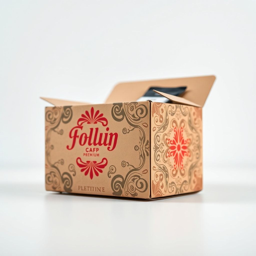 Close-up view of a beautifully designed custom corrugated box with a brand logo, vibrant colors, and intricate patterns, sitting on a clean white surface. The box looks sturdy and premium, with a product peeking out slightly from the top. Soft studio lighting, minimalist background, high-resolution, sharp focus, professional product photography style.