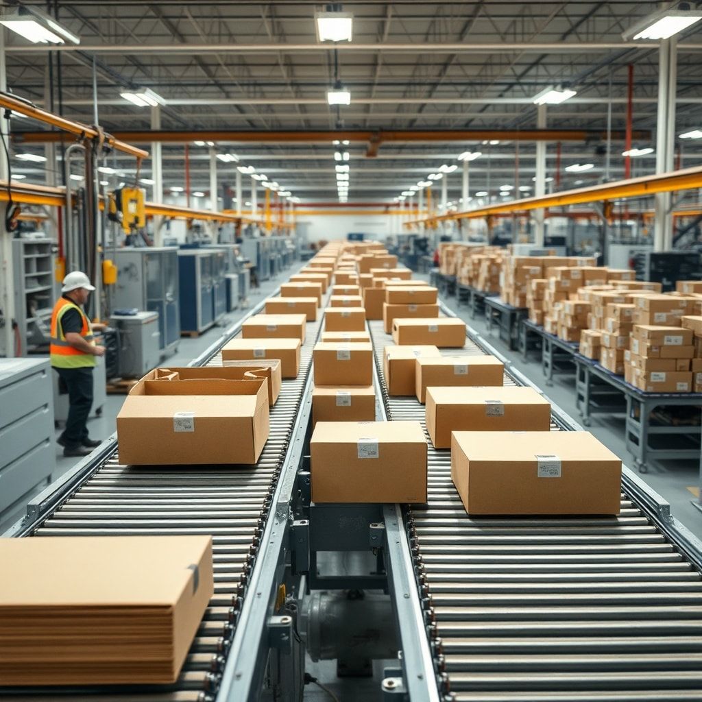 unlock - A modern factory floor with advanced machinery for corrugated box production. Conveyor belts are moving various stag