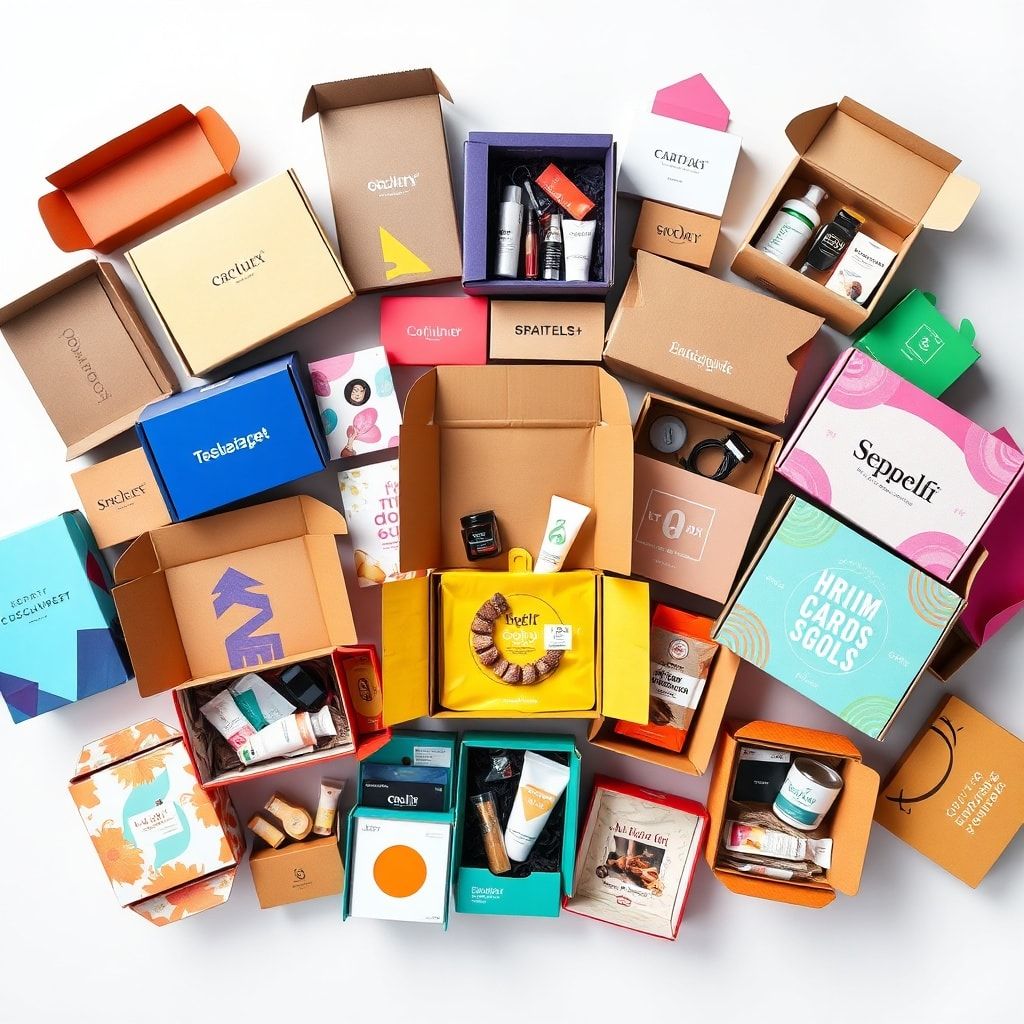 unlock - A diverse collection of custom corrugated boxes from different brands, showcasing various sizes, shapes, and vibrant