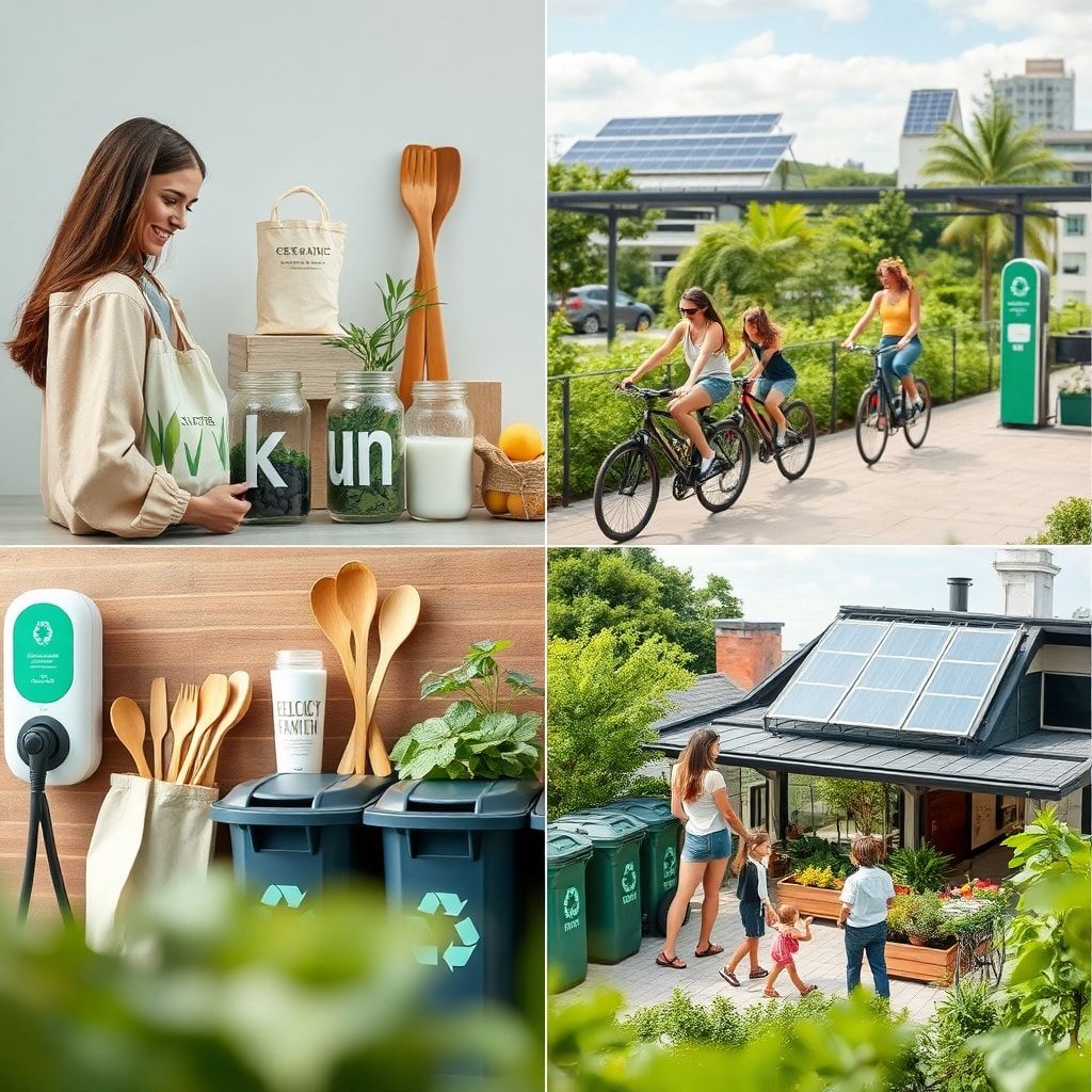 Eco-friendly lifestyle with reusable bags, glass jars, and bamboo utensils, sustainable fashion brand showcasing organic cotton clothing, electric car charging station with solar panels and greenery, diverse group of people biking on a nature trail, urban rooftop garden with vegetables and herbs, recycling bins with separate compartments for glass, plastic, and paper, modern sustainable home with solar panels and green roof, family shopping at a farmers market for fresh produce