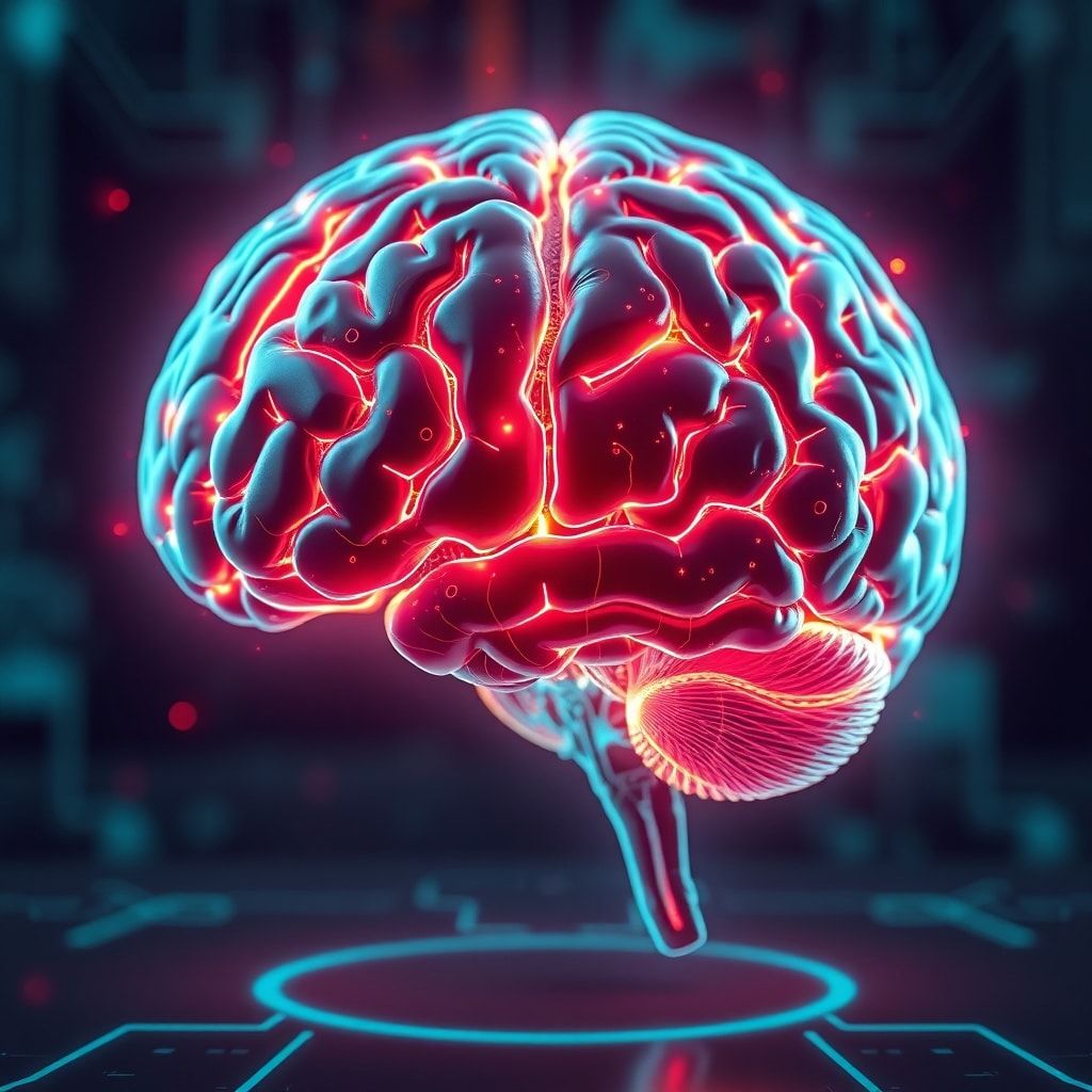 futuristic AI holographic brain with neon lights, ultra realistic, highly detailed