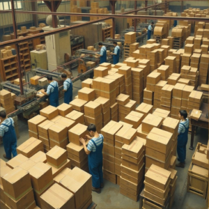 traditional cardboard box factory with workers assembling boxes, stacks of plain brown boxes ready for shipment, vintage machinery, classic industrial setting, busy workers in blue overalls, rustic wooden crates, retro design elements, nostalgic atmosphere