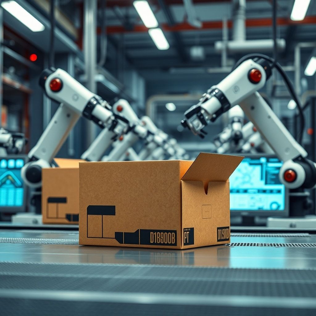 The Evolution of Technology: A Timeline of Innovation 3 evolution - futuristic packaging design concepts, high-tech cardboard box factory with robotic arms, digital design software