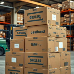 A stack of custom-printed corrugated cardboard boxes in a warehouse, showcasing different sizes and branding, with a forklift in the background, warm industrial lighting, focus on detail, realistic, 8k quality, commercial photography style