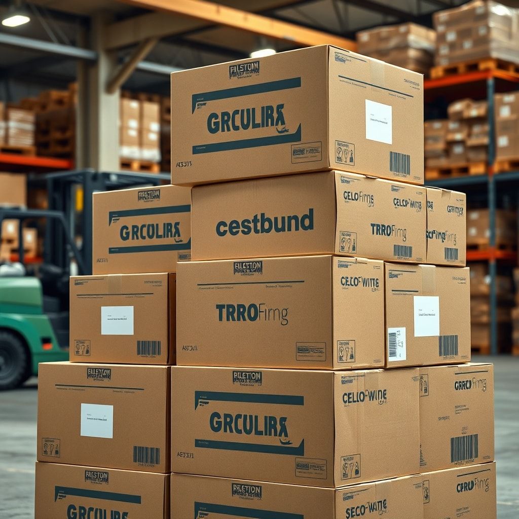 A stack of custom-printed corrugated cardboard boxes in a warehouse, showcasing different sizes and branding, with a forklift in the background, warm industrial lighting, focus on detail, realistic, 8k quality, commercial photography style