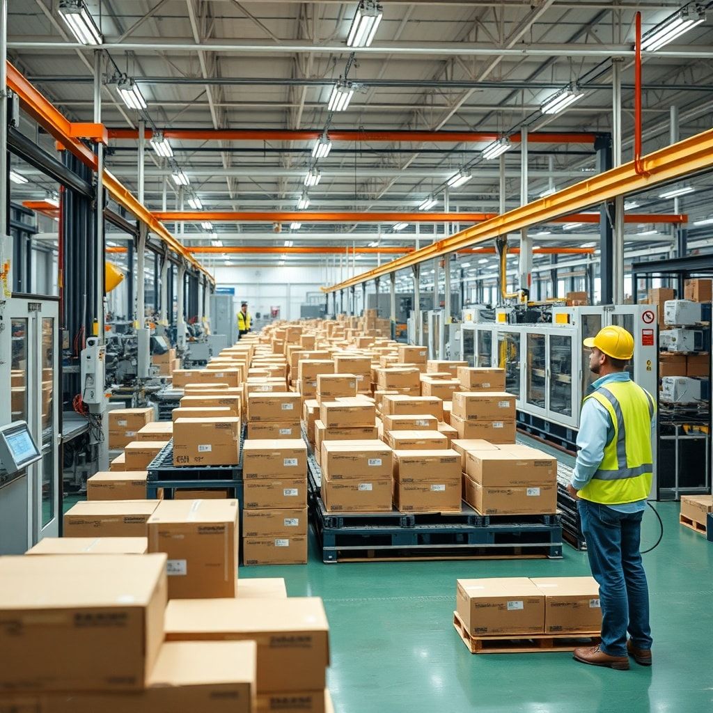 smart - A modern, high-tech corrugated box manufacturing facility with automated machinery producing boxes, workers in safety