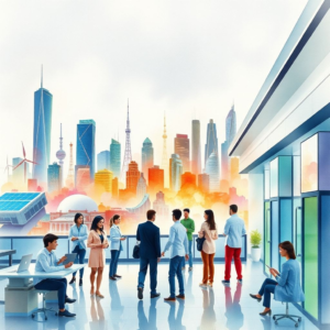 futuristic city skyline with advanced technology and sustainable energy sources, diverse group of people collaborating in a modern office setting, innovative medical technology in a hospital setting