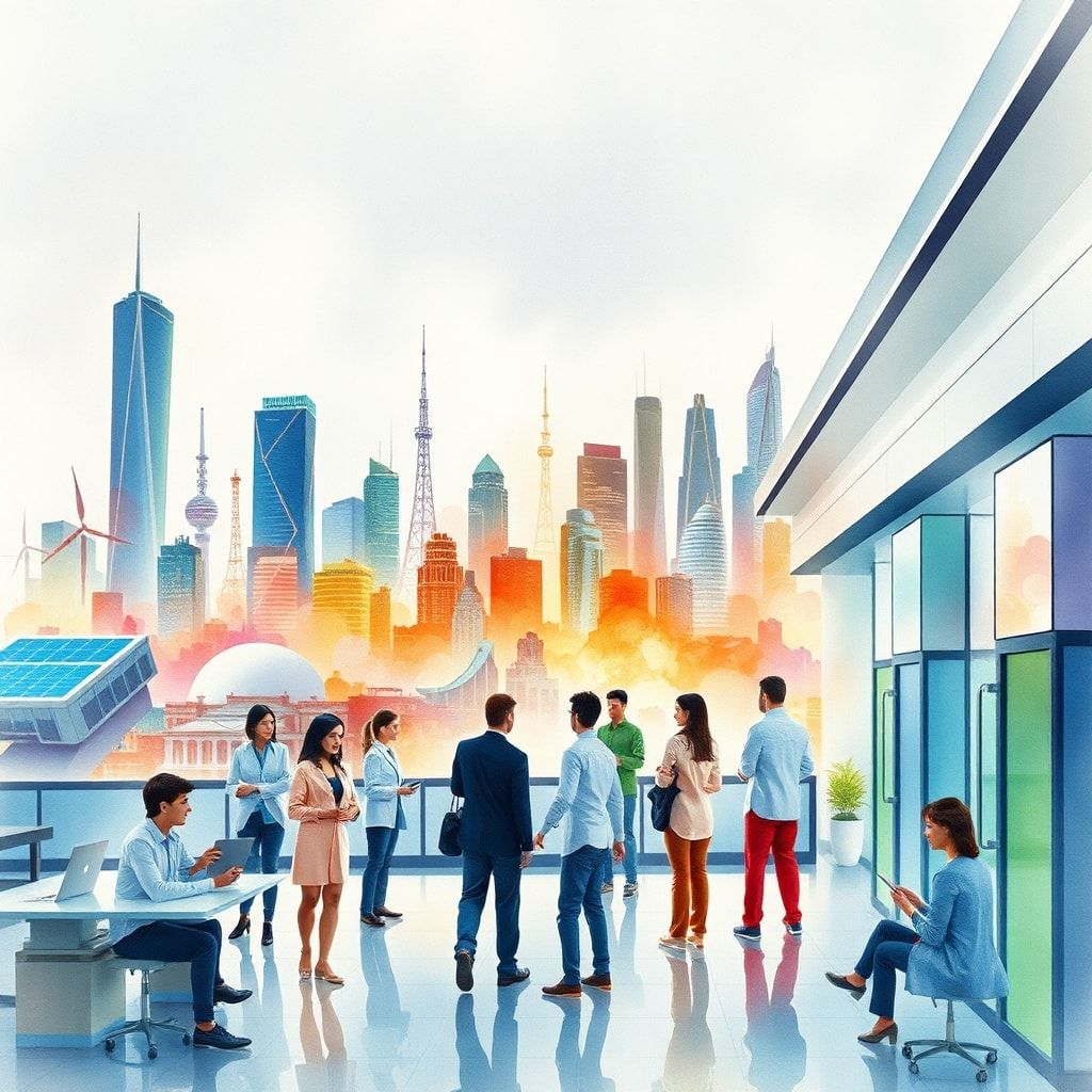 futuristic city skyline with advanced technology and sustainable energy sources, diverse group of people collaborating in a modern office setting, innovative medical technology in a hospital setting