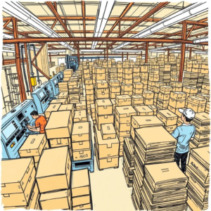 busy cardboard box factory with workers busy at machines, stacks of cardboard boxes ready for shipment, vibrant colors and bustling activity