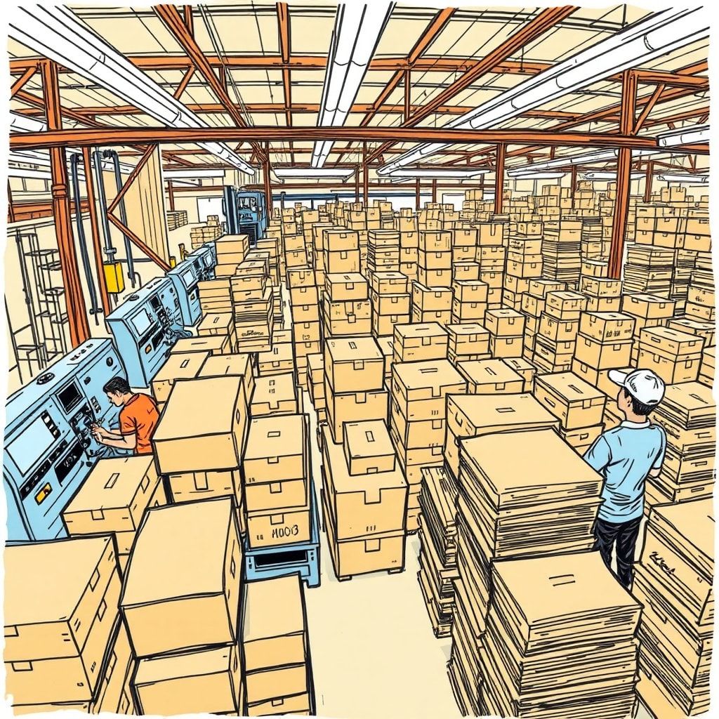 busy cardboard box factory with workers busy at machines, stacks of cardboard boxes ready for shipment, vibrant colors and bustling activity