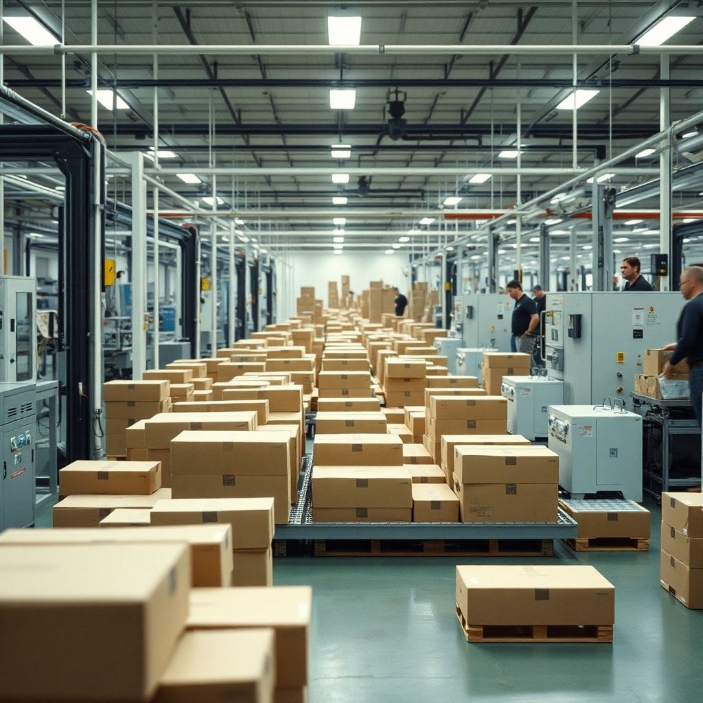 exploring - modern cardboard box factory with state-of-the-art machinery, automated production lines, efficient workflow, eco