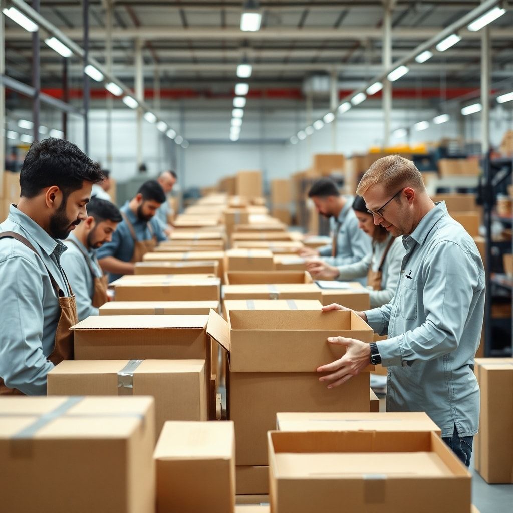 exploring - modern cardboard box factory with workers inspecting finished products, quality control checks, diverse workforce