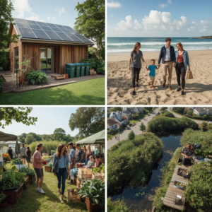 sustainable living in a modern eco-friendly home with solar panels and recycling bins, lush green garden with composting area, happy family enjoying a sustainable lifestyle, diverse group of people participating in a beach cleanup, vibrant farmers' market with local produce and handmade goods, peaceful nature reserve with diverse wildlife and clean waterways, sustainable cityscape with green spaces and bike lanes