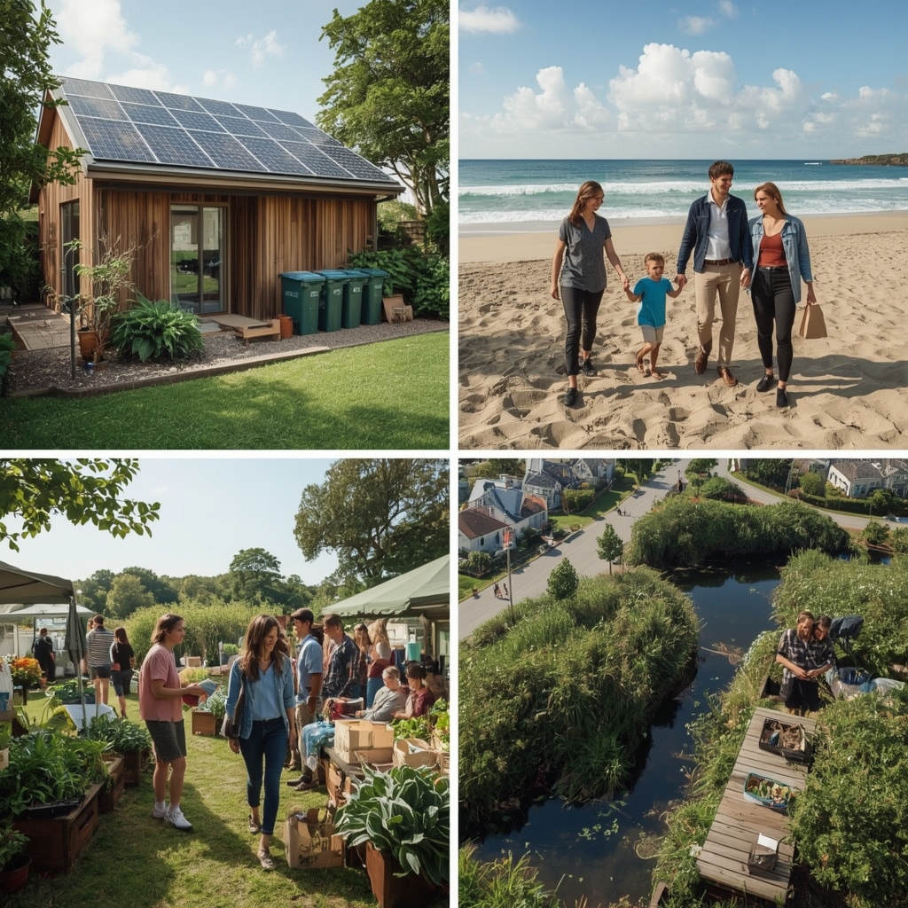 sustainable living in a modern eco-friendly home with solar panels and recycling bins, lush green garden with composting area, happy family enjoying a sustainable lifestyle, diverse group of people participating in a beach cleanup, vibrant farmers' market with local produce and handmade goods, peaceful nature reserve with diverse wildlife and clean waterways, sustainable cityscape with green spaces and bike lanes