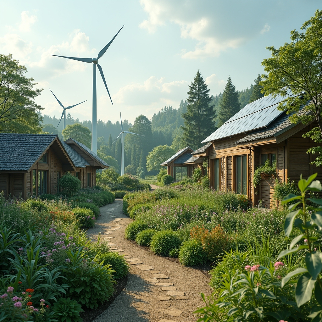 sustainable energy sources like wind turbines and solar panels, eco-friendly transportation options like electric cars and bi