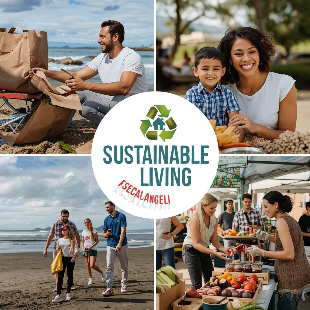 sustainable living infographic showing key practices like recycling, energy conservation, supporting local businesses, eating