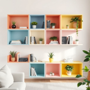DIY cardboard box shelves painted in pastel colors, displaying books and plants, adding a pop of color to a minimalist living room